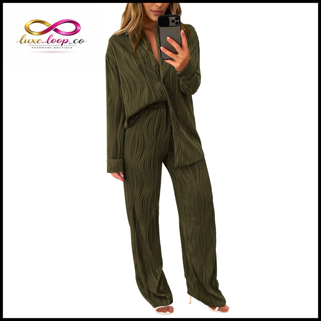 Women's Textured Button Down Shirt Wide Leg Pants 2 Piece Set